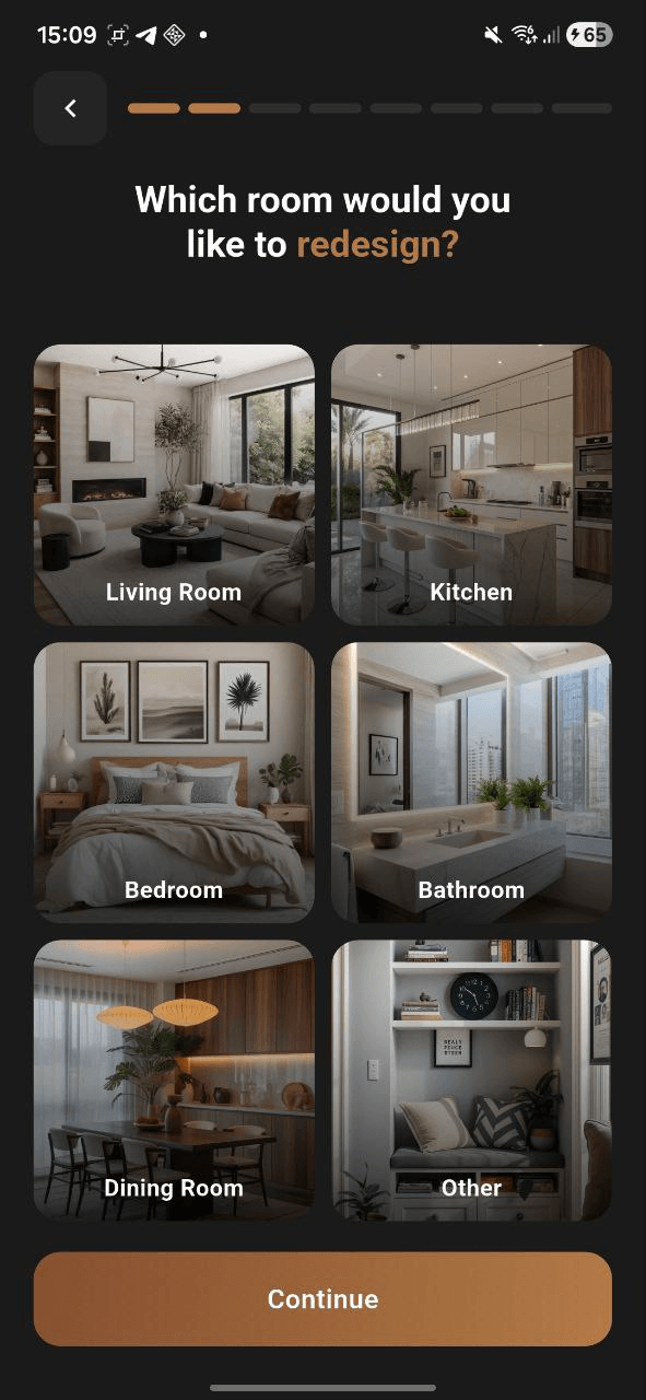 SnapDecor room selection screen